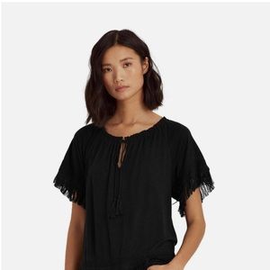 NWT Lauren Ralph Lauren Black Boho Tie-Neck Linen-Viscose  Size L